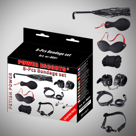 Bondage set 8 pcs black cuffs / collar/ mask/ whipp/ clamps/rope etc